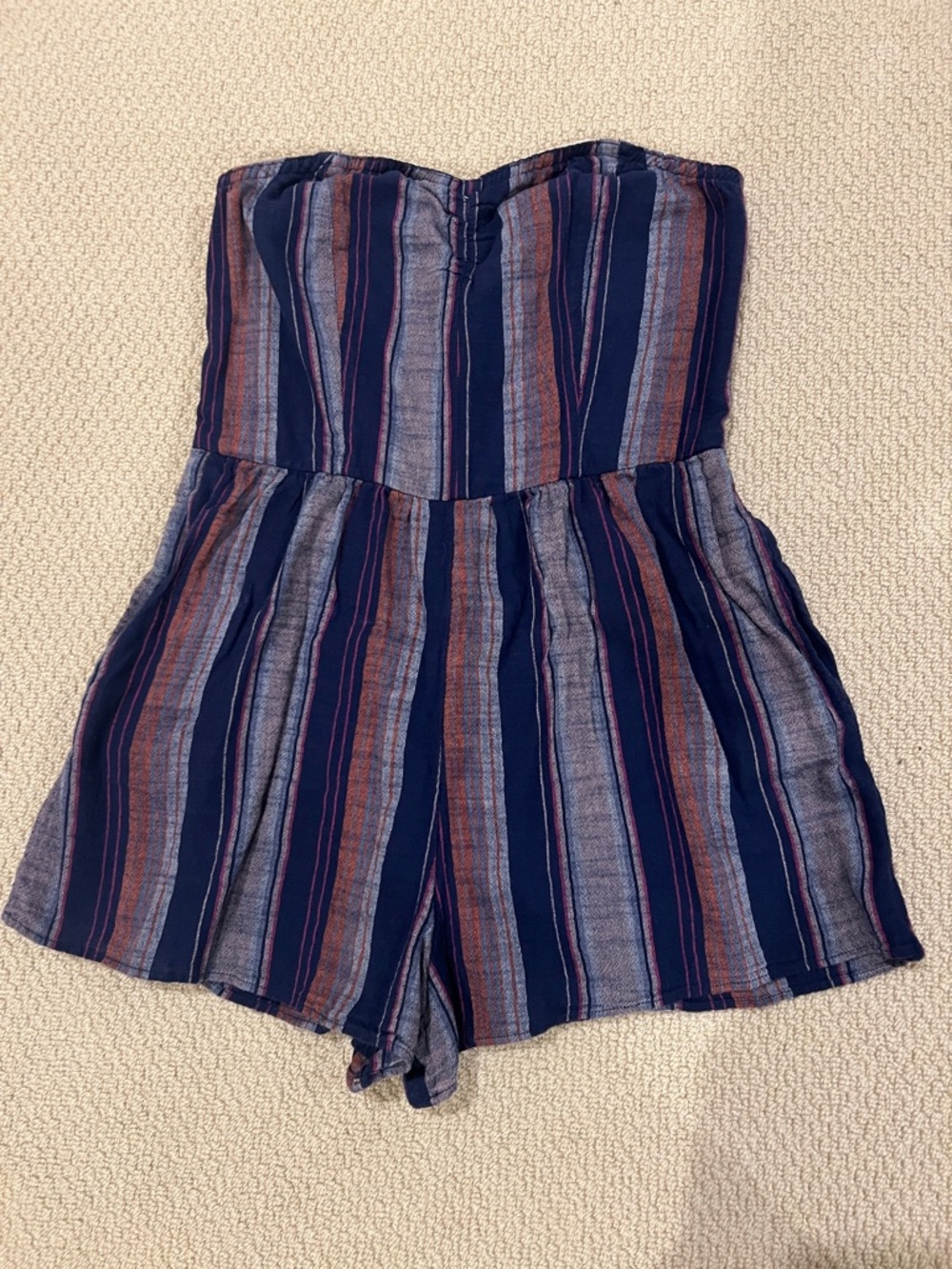 American Eagle Strapless Striped Romper Size 2 Navy Rust Blue Pockets Summer
